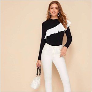SHEIN Black and White Frill Long Sleeve Top - Size Small rare